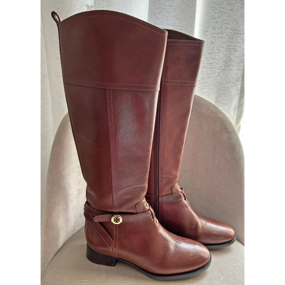 Tory Burch Brita Brown Leather Riding Boots 22138519, Side Zip